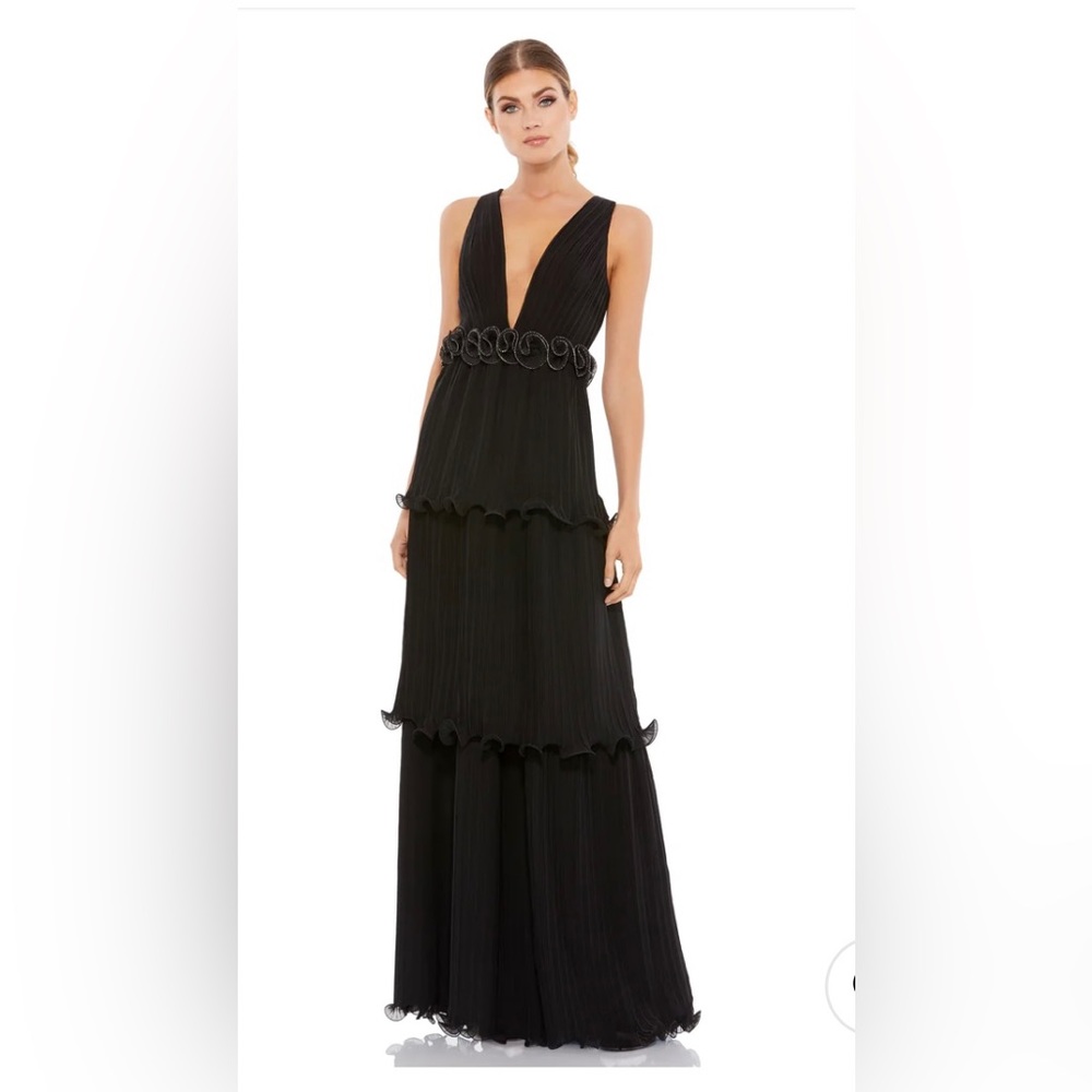 Mac Duggal Rosette Ruffle Layered Roseette Maxi Dress in black